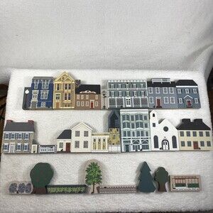 Vintage The Cats Meow Village Lot 80's-90's Wooden House Town Buildings 23-Piece